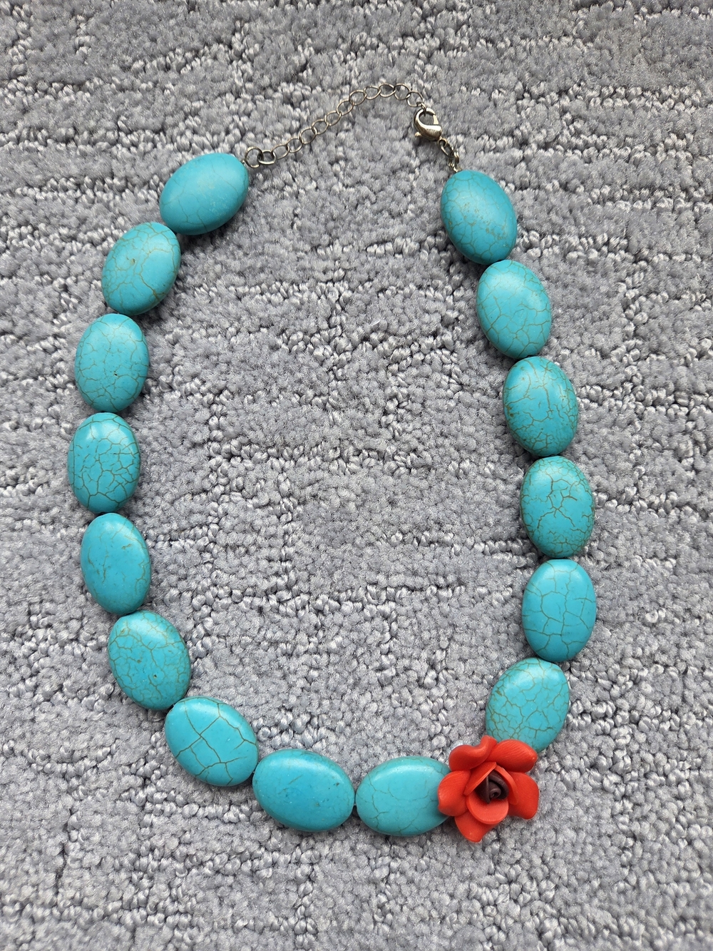 Turquoise Bead Necklace with Red Flower Accent - Women Jewelry